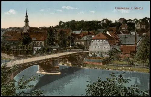 Ansichtskarte Lunzenau Brücke und Stadtpartie 1915