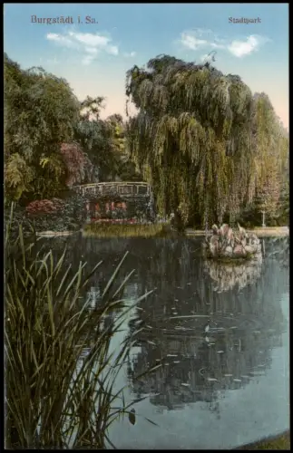 Ansichtskarte Burgstädt Stadtpark Teich Brücke 1916