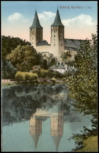 Ansichtskarte Rochlitz Schloss spiegelt sich im Fluß 1924