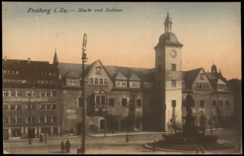 Ansichtskarte Freiberg (Sachsen) Markt mit Rathaus 1915