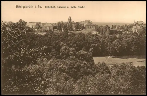 Ansichtskarte Königsbrück Kinspork Bahnhof, Kaserne u. kath. Kirche 1927
