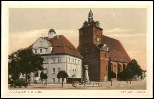 Ansichtskarte Dommitzsch Rathaus und Kirche 1926