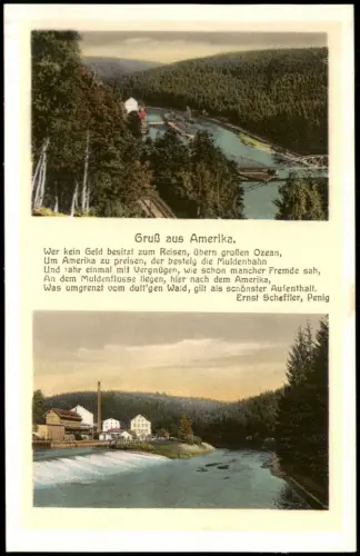 Ansichtskarte Amerika (Mulde)-Penig (Mulde) 2 Bild Brücke u. Fabrik 1926