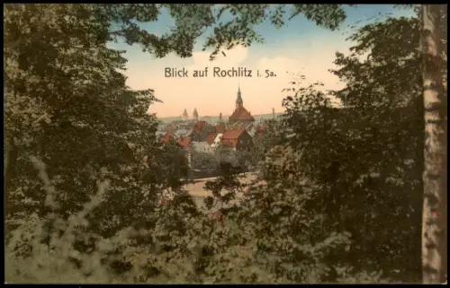 Ansichtskarte Rochlitz Blick durch das Baumlaub auf die Stadt 1912