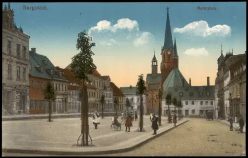 Ansichtskarte Burgstädt Markt, Geschäfte 1915