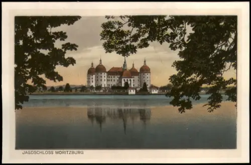 Ansichtskarte Moritzburg Kgl. Jagdschloss mit Blättern 1927
