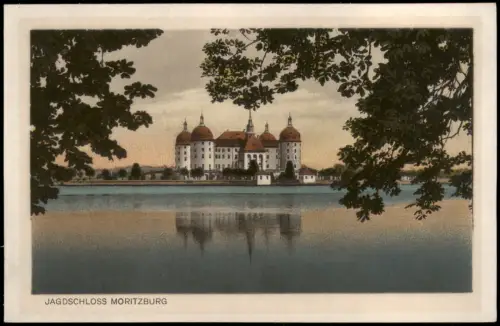 Ansichtskarte Moritzburg Kgl. Jagdschloss mit Blättern 1927