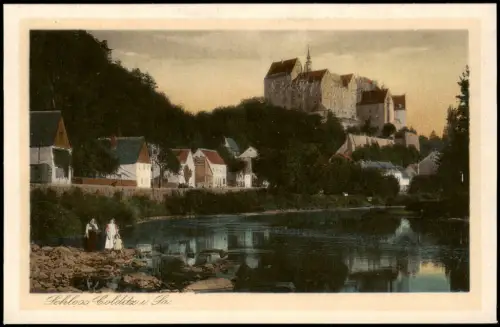 Ansichtskarte Colditz Flußpartie und Schloß 1926