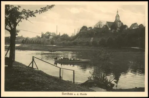 Ansichtskarte Nerchau-Grimma Stadt und großes Boot auf der Mulde 1926