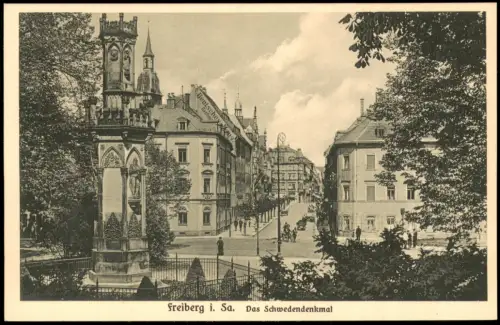 Ansichtskarte Freiberg (Sachsen) Schwedendenkmal Straßenblick 1926