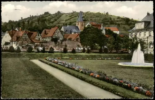 Ansichtskarte Bad Orb Springbrunnen - Blick zur Kirche 1958