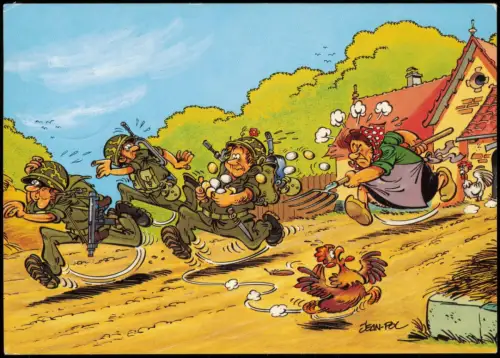 Ansichtskarte  Militär Scherzkarte Bäuerin vertreibt Soldaten 1994