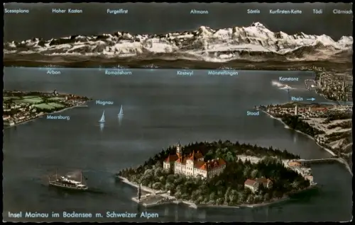 Ansichtskarte Insel Mainau-Konstanz Panorama mit Bodensee und Umgebung 1961