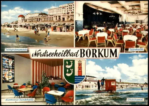 Ansichtskarte Borkum 4 Bild Kurhalle Trinkhalle Strand 1969