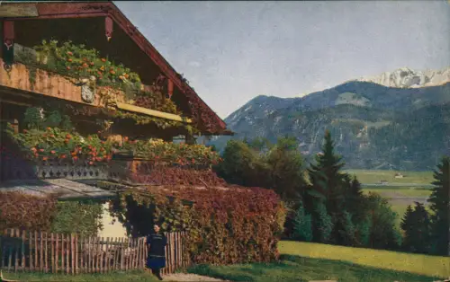 Ansichtskarte  Stimmungsbild Berg Landschaft, Landhaus mit Frau davor 1910