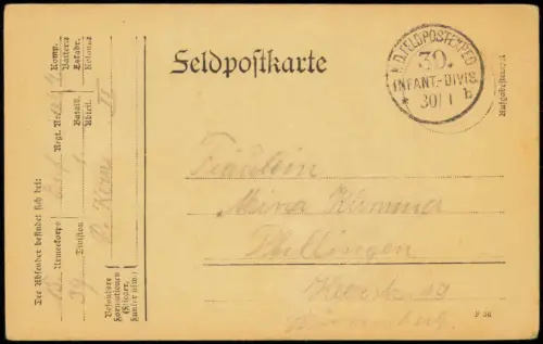 Ansichtskarte  Feldpostkarte WK1 Stempel FP Expidition 39 Infant.-Div. 1915