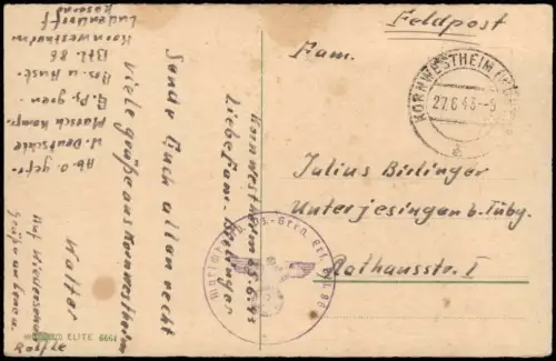 Ansichtskarte  Stimmungsbild: Ort 1943  Feldpost WK2 Nordwestheim