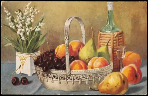Ansichtskarte  Künstlerkarte Stilleben mit Äpfeln und Kirschen 1918