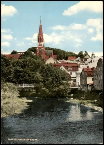 Ansichtskarte Zwiesel Flusspartie Brücke an der Pfarrkirche 1975