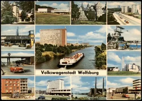Ansichtskarte Wolfsburg Stadtteilansichten VW Fabrik Schwimmbad Bahnhof 1965