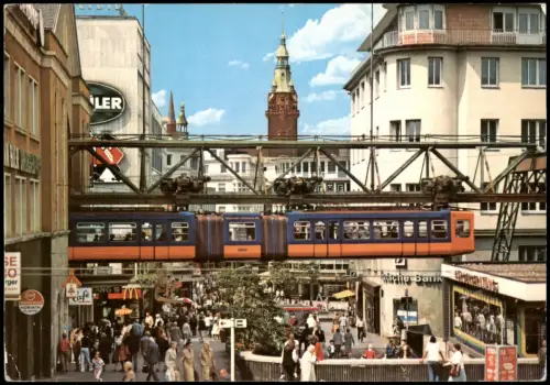 Ansichtskarte Wuppertal Schwebebahn, Fußgängerzone mit Rathausturm 1980