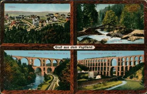 Vogtland Mehrbild-AK  mit Jocketa, Göltzschtalbrücke, Elstertalbrücke 1915