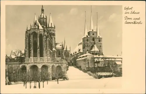 Ansichtskarte Erfurt Domplatz im Schnee Dom undSeverikirche 1955