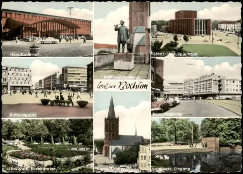Bochum Mehrbild-AK u.a. mit Hauptbahnhof Bongardstraße Propsterkirche 1964