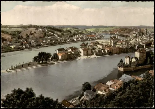 Passau Blick auf das Dreiflußeck Inn-Donau-liz Panorama-Ansicht 1960