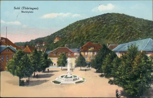 Ansichtskarte Suhl Markt Marktplatz Brunnen u. Häuser 1931