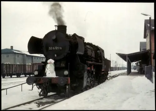 Ansichtskarte Kamenz Kamjenc Güterzugdampflokomotive mit Schneemann 1981