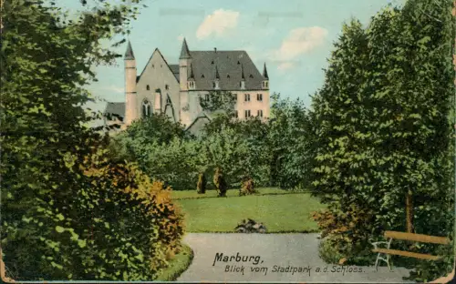 Marburg an der Lahn Blick vom Stadtpark. Schloss. 1907  gel. Bahnpoststempel