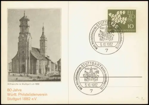 Ansichtskarte Stuttgart Stiftskirche 80 Jahre Phil. Verband 1962  Sonderstempel