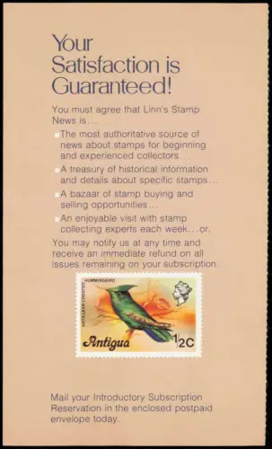 Briefmarke/Stamp  Briefmarken-Ansichtskarte Antigua Vogel 1999