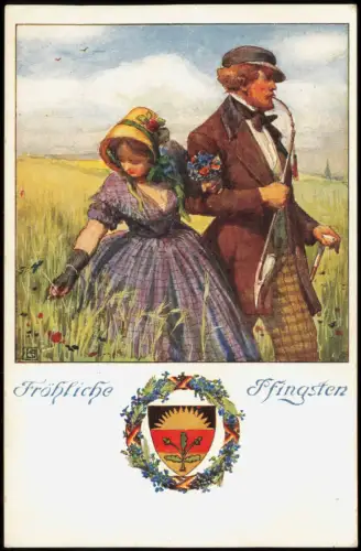 Pfingsten Pentecost Mann u. Frau im Kornfeld Künstlerkarte 1917