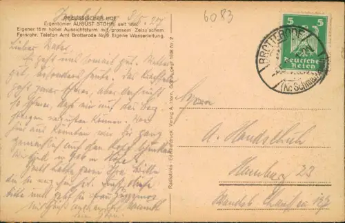Ansichtskarte Brotterode Preußischer Hof Inselberg Aussichtsturm 1924
