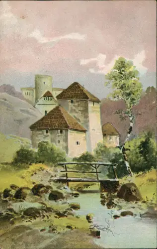 Ansichtskarte  Burganlage und Häuser an einem Bach 1910