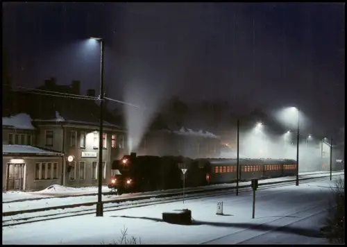 Ansichtskarte Thalheim Dampfzug im Bahnhof in Winternacht 1987