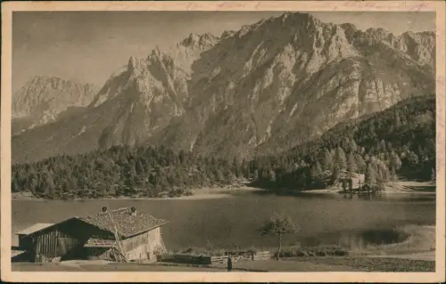 Ansichtskarte Mittenwald Lautersee mit Blick zu den Bergen 1925