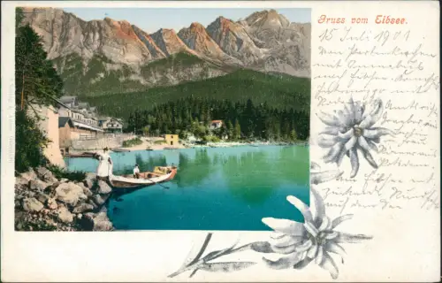 Ansichtskarte Garmisch-Partenkirchen Gruss vom Eibsee, Ruderboot am Ufer 1900