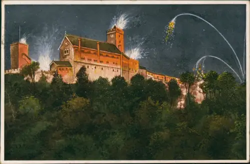 Ansichtskarte Eisenach Wartburg-Beleuchtung, Feuerwerk 1927
