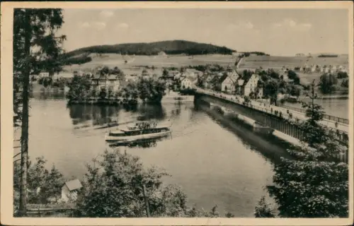 Saalburg-Ebersdorf (Saale) Stadtteilansicht, Schiff passiert die Brücke 1930