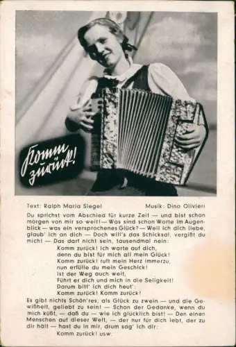 Ansichtskarte  Liedkarte "Komm Zurück" Musizierende Frau 1940   2.WK Feldpost
