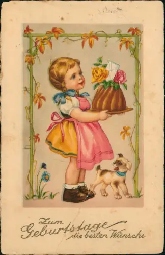 Ansichtskarte  Geburtstag Birthday Mädchen Kuchen Hund Künstlerkarte 1937
