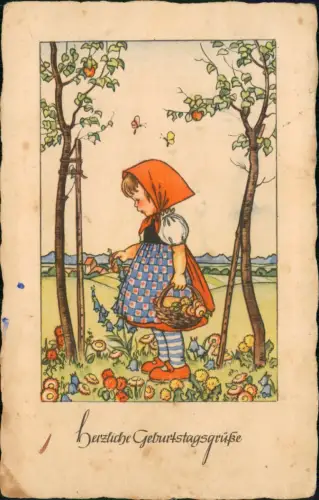 Geburtstag Birthday Künstlerkarte Mädchen beim Blumenflücken 1938