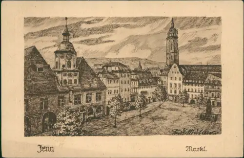 Ansichtskarte Jena Markt nach Original-Federzeichnung v. Rudi Müllers 1920
