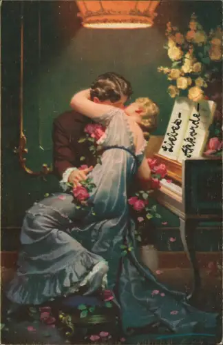 Liebe Liebespaare - Love Küssende am Klavier Künstlerkarte 1919