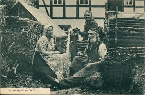 Ansichtskarte .Sachsen Typen Trachten Erzgebirge Dorfidyll Bauern 1906