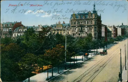 Ansichtskarte Plauen (Vogtland) Albertplatz 1915  gel. Feldpost