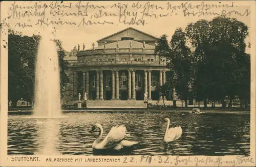 Ansichtskarte Stuttgart Landestheater Fontaine Schwäne 1932